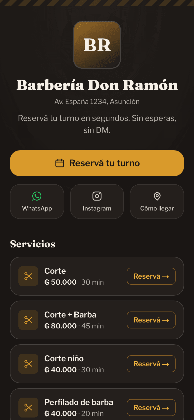 Página pública de una barbería en Tijera