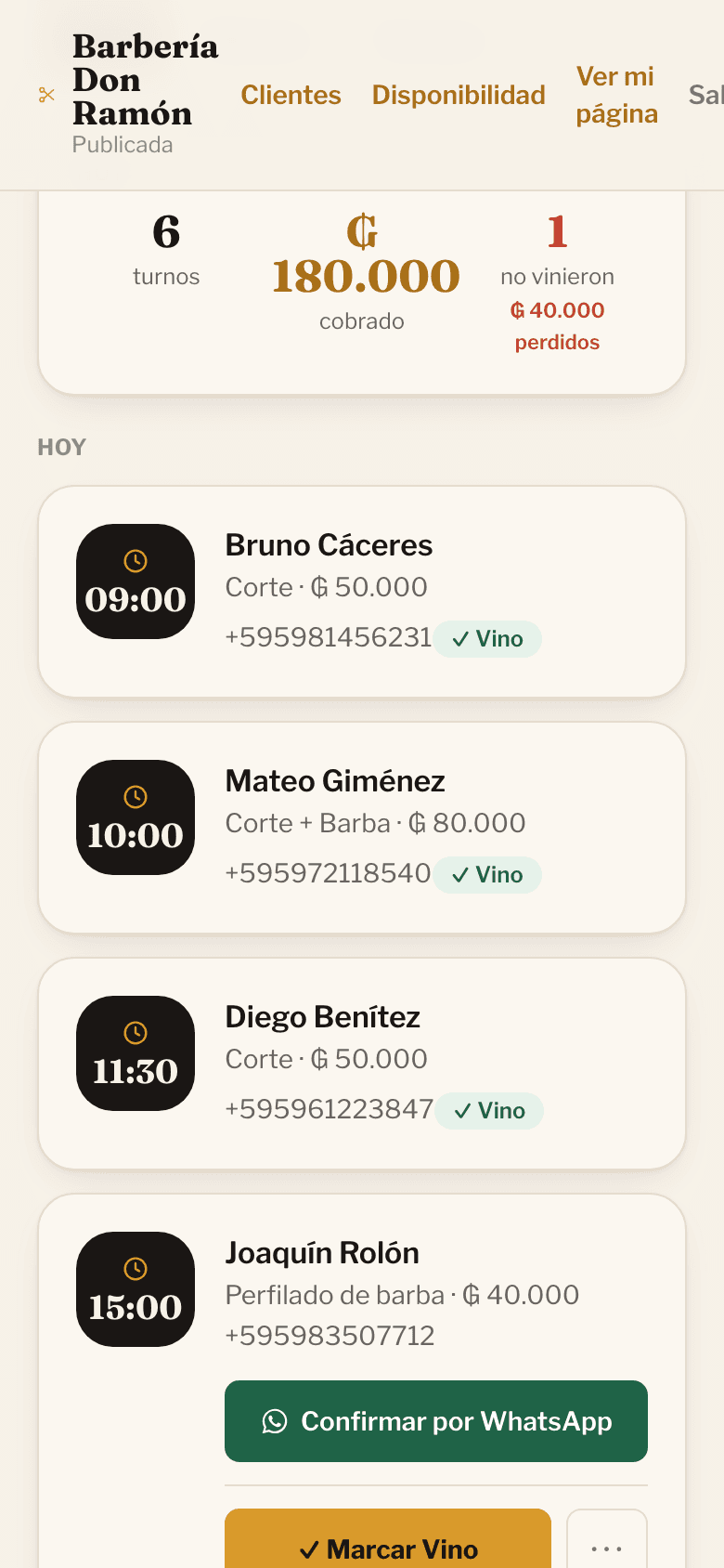 Agenda del barbero con turnos del día y métricas en guaraníes